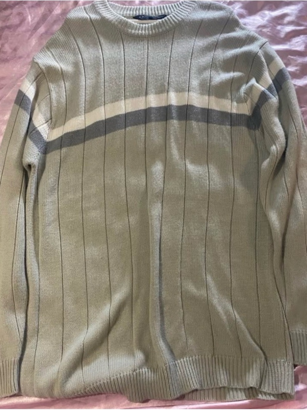 Men's Crewneck Ribbed Sweater in Light Gray with Chest Stripes
